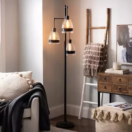 Black Metal and Glass Globe 3-Arm Floor Lamp