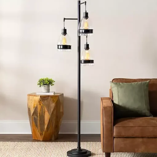Black Metal and Glass Globe 3-Arm Floor Lamp