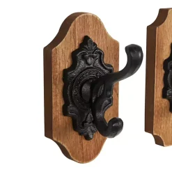 Black Metal and Wood Wall Hooks, Set of 3