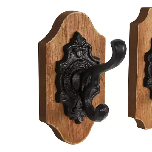 Black Metal and Wood Wall Hooks, Set of 3