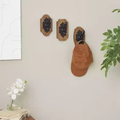 Black Metal and Wood Wall Hooks, Set of 3