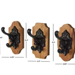 Black Metal and Wood Wall Hooks, Set of 3