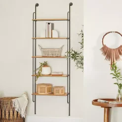 Black Metal Pipe Frame Brown Wood Wall Shelf