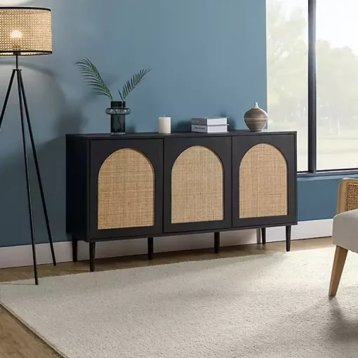 Black Wood and Cane Arched Sideboard Cabinet