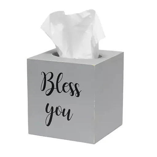 Bless You Gray Wood Tissue Box Cover