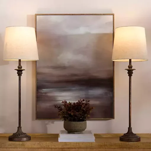 Bronze Metal Candlestick Buffet Lamps, Set of 2