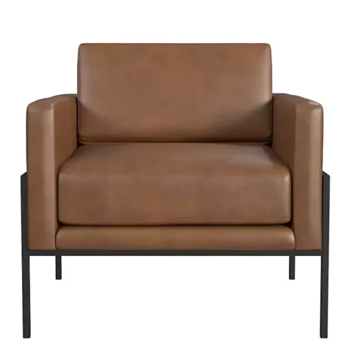 Brown Faux Leather Black Metal Accent Chair