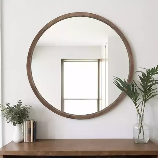 Brown Fir Wood Round Wall Mirror