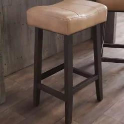 Camel Wood and Leather Backless Stool