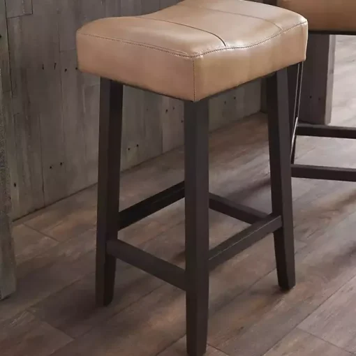 Camel Wood and Leather Backless Stool