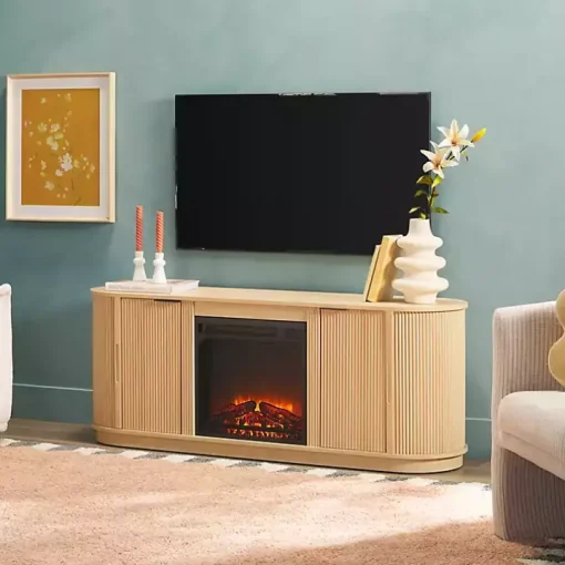 Coastal Oak Reeded Fireplace Media Cabinet