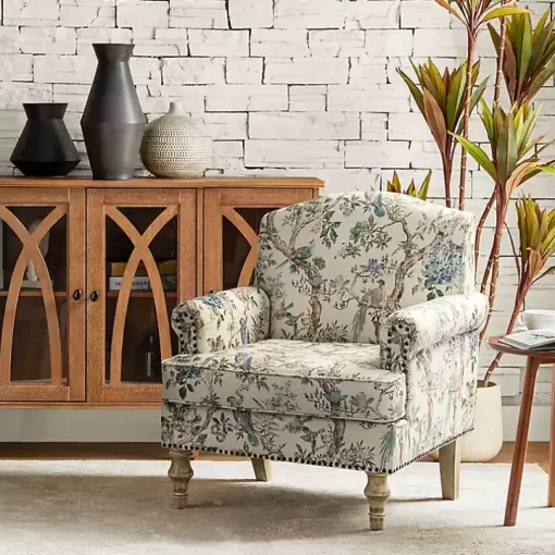 Cream Vintage Birds Traditional Accent Chair