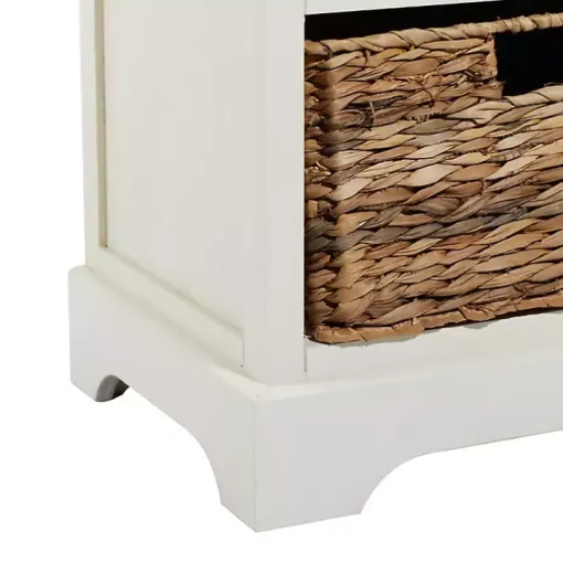 Cream Wood Side Table with Woven Baskets