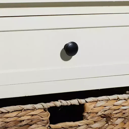 Cream Wood Side Table with Woven Baskets