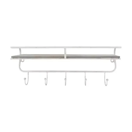 Distressed White Metal Wall Shelf with Hooks