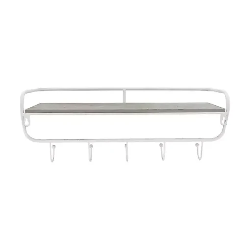 Distressed White Metal Wall Shelf with Hooks