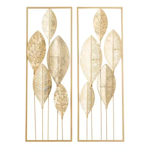 Gold Metal Leaves Wall Plaques, Set of 2