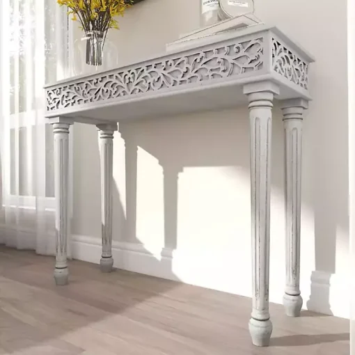 Gray Carved Wood Console Table