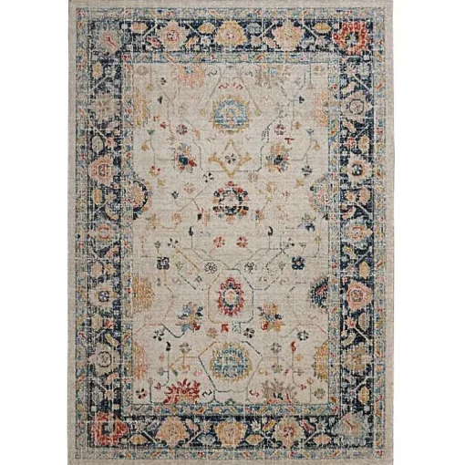 Ivory and Blue Traditional Floral Area Rug, 5x7