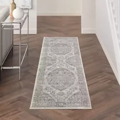 Ivory and Gray Oushak Medallion Runner, 2x7