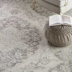 Ivory and Gray Oushak Medallion Area Rug, 8x10