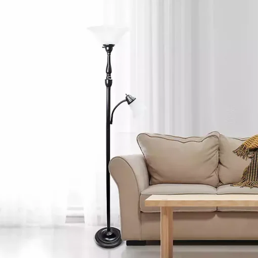 Matte Bronze and White Reading Arm Torchiere