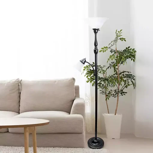 Matte Bronze and White Reading Arm Torchiere