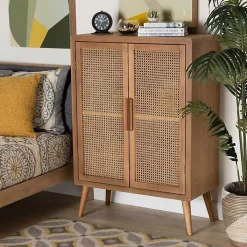 Medium Oak Rattan 2-Door Cabinet
