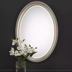 Metallic Silver Beaded Edge Oval Mirror