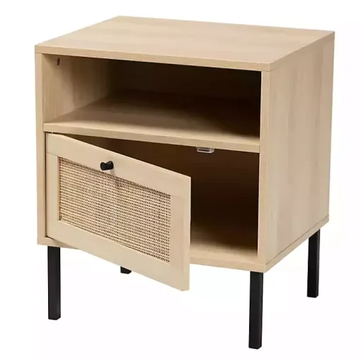 Natural Wood and Metal Storage Shelf Nightstand