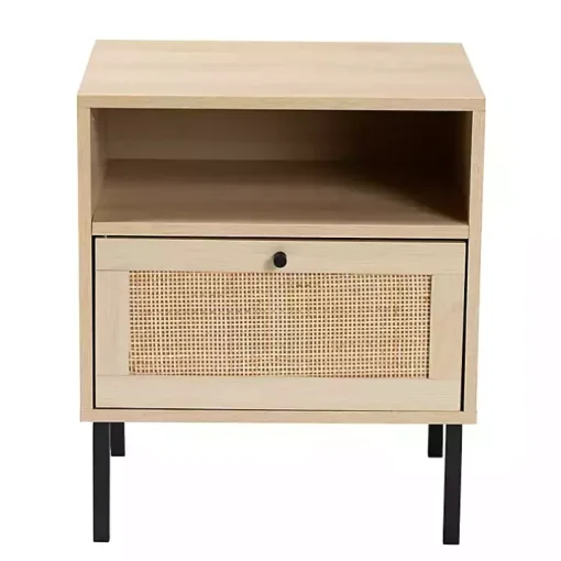 Natural Wood and Metal Storage Shelf Nightstand
