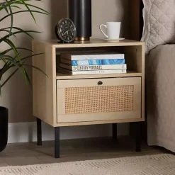 Natural Wood and Metal Storage Shelf Nightstand