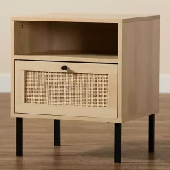 Natural Wood and Metal Storage Shelf Nightstand