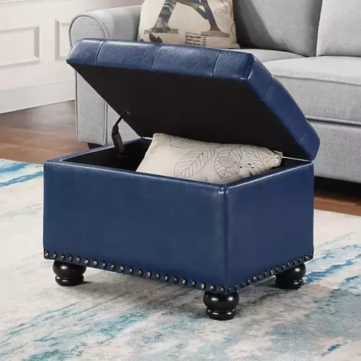 Navy Faux Leather Jessy Storage Ottoman