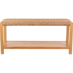 Newport Natural Wood and Rattan Bench with Shelf