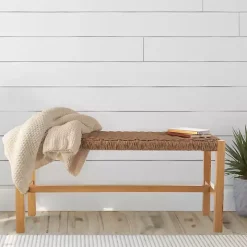 Newport Natural Wood and Rattan Bench