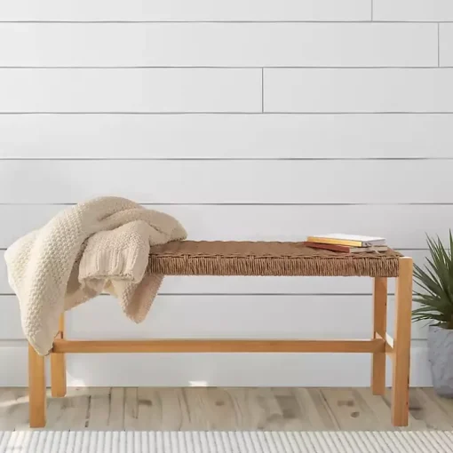 Newport Natural Wood and Rattan Bench