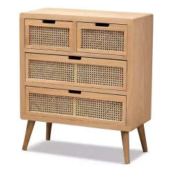 Oak and Rattan 4-Drawer Chest