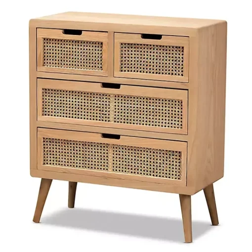 Oak and Rattan 4-Drawer Chest