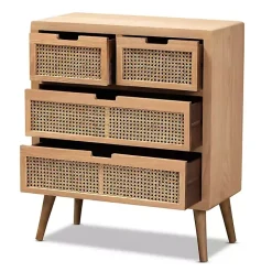 Oak and Rattan 4-Drawer Chest