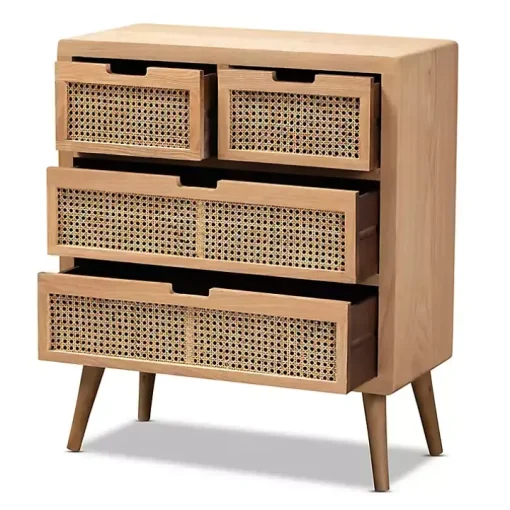 Oak and Rattan 4-Drawer Chest