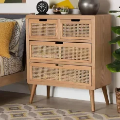 Oak and Rattan 4-Drawer Chest