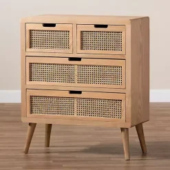 Oak and Rattan 4-Drawer Chest