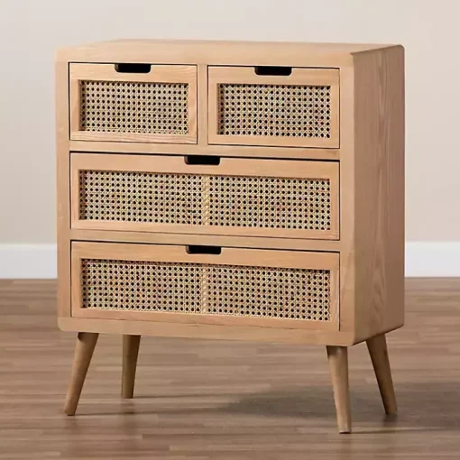 Oak and Rattan 4-Drawer Chest