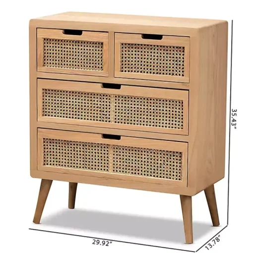 Oak and Rattan 4-Drawer Chest