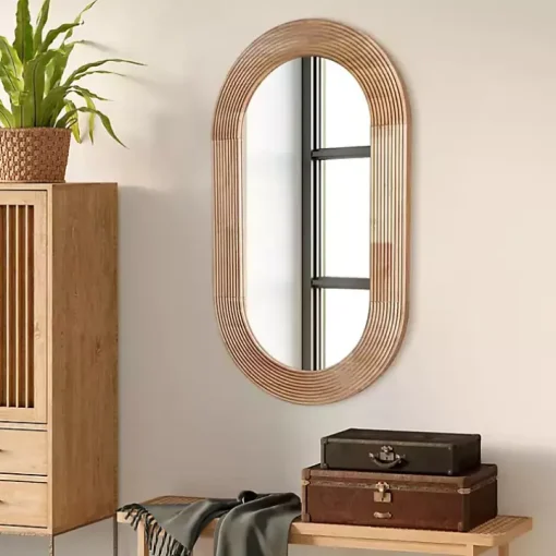 Pill Capsule Oval Shaped Wood Wall Mirror
