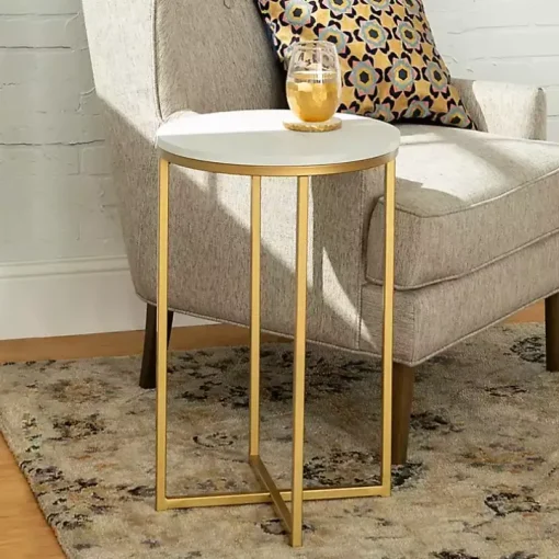 Round White Marble and Gold Accent Table