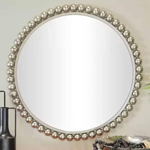 Silver Metal Round Beaded Frame Wall Mirror