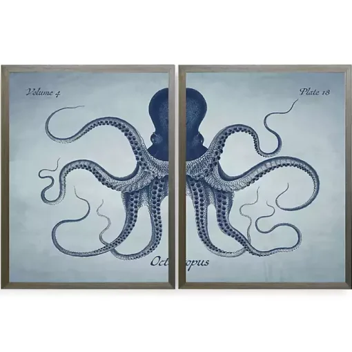 Vintage Split Octopus Framed Art Prints, Set of 2