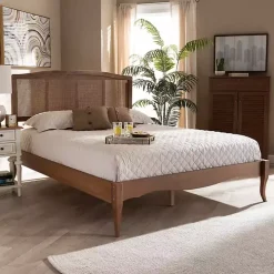 Walnut Wood and Rattan King Bed Frame